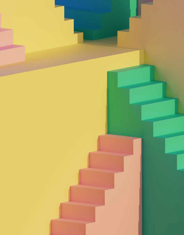A imagem mostra diversas escadas coloridas. Uma delas termina diante de uma parede, não possibilitando que a pessoa suba mais.